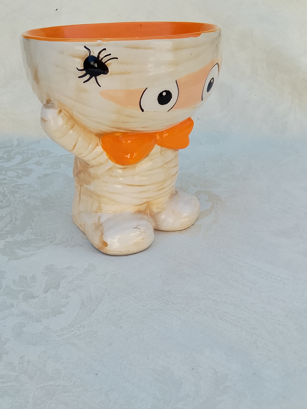 Vintage Halloween Ceramic Mummies Footed Candy Bowl Figurine Orange Interior...